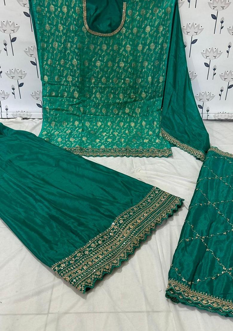 Rama Green Embroidered Viscose Chinon Kurta Set