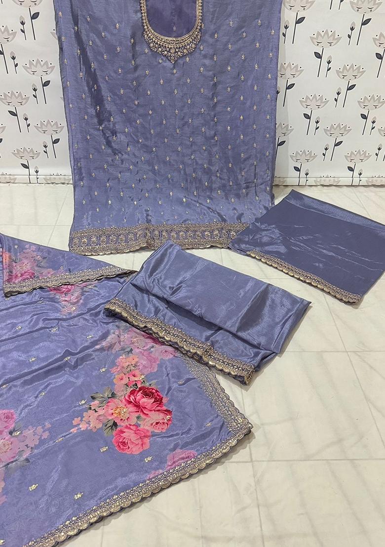 Purple Embroidered Viscose Chinon Kurta Set
