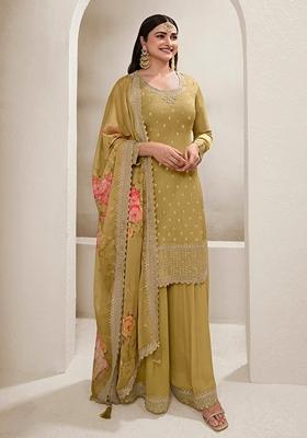 Mustard Yellow Embroidered Viscose Chinon Kurta Set
