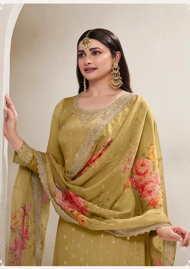 Mustard Yellow Embroidered Viscose Chinon Kurta Set