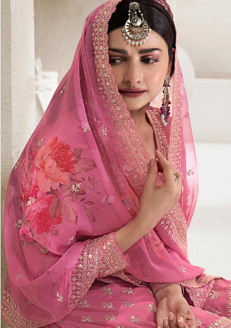 Pink Embroidered Viscose Chinon Kurta Set