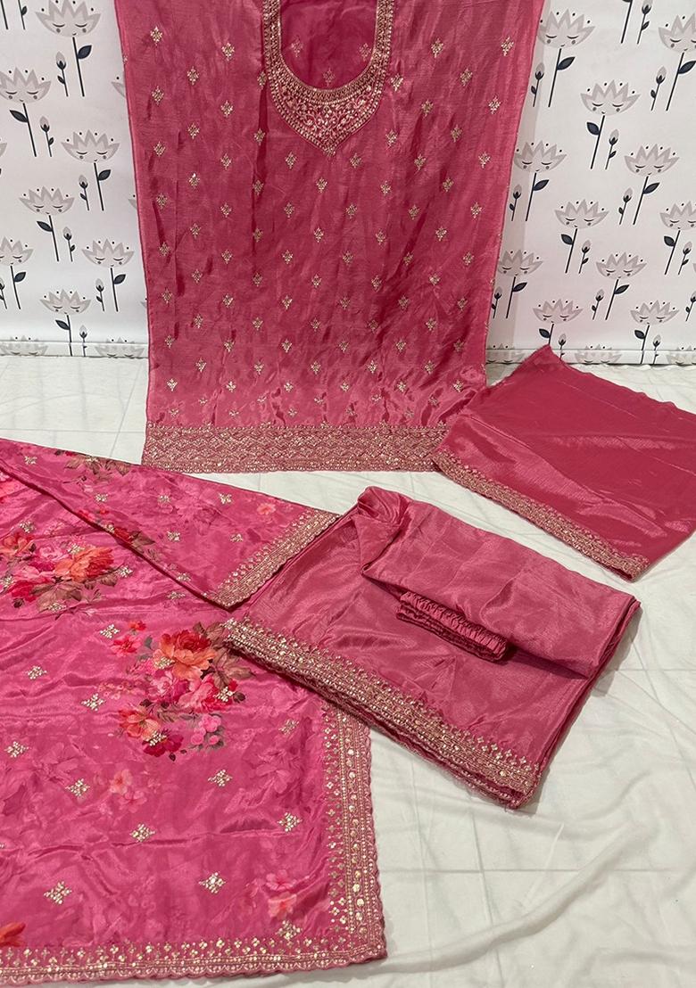 Pink Embroidered Viscose Chinon Kurta Set