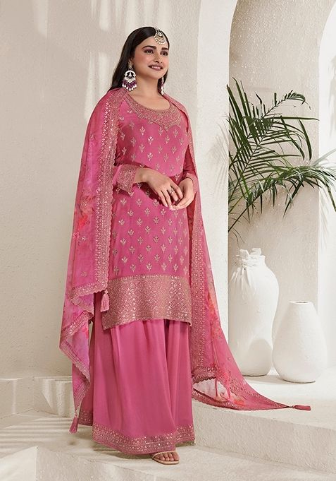 Pink Embroidered Viscose Chinon Kurta Set