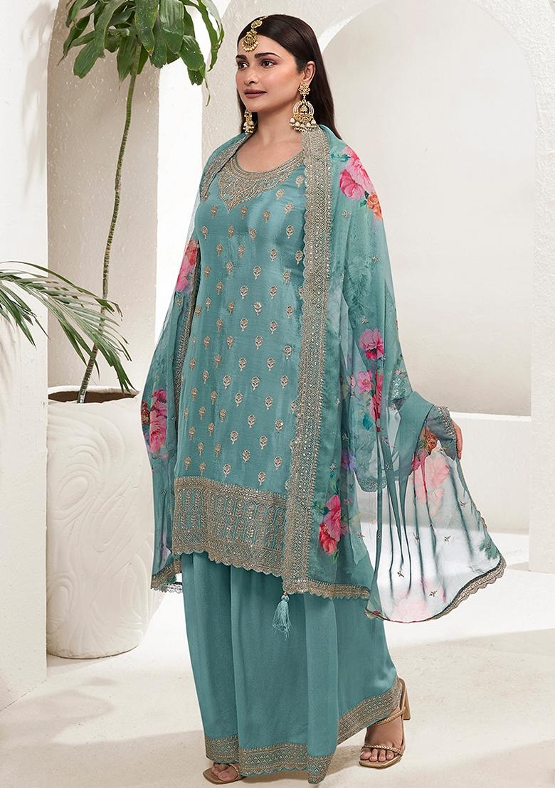 Rama Blue Embroidered Viscose Chinon Kurta Set