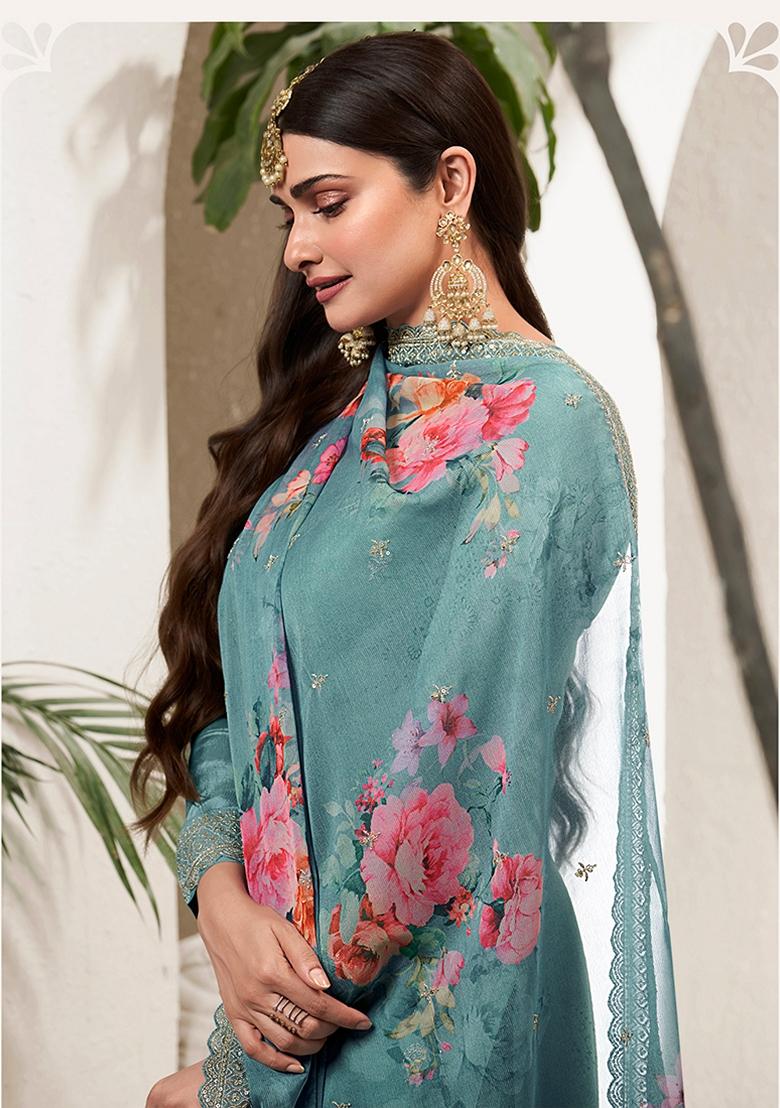 Rama Blue Embroidered Viscose Chinon Kurta Set