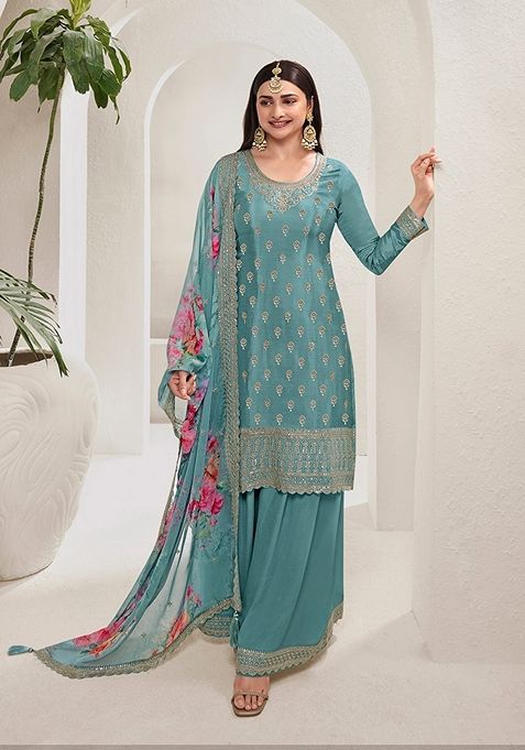 Rama Blue Embroidered Viscose Chinon Kurta Set