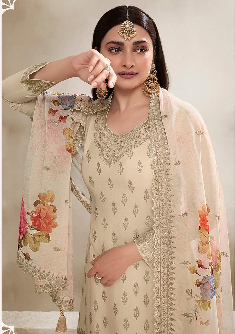Cream Embroidered Viscose Chinon Kurta Set