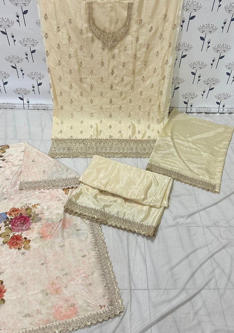 Cream Embroidered Viscose Chinon Kurta Set