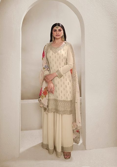 Cream Embroidered Viscose Chinon Kurta Set