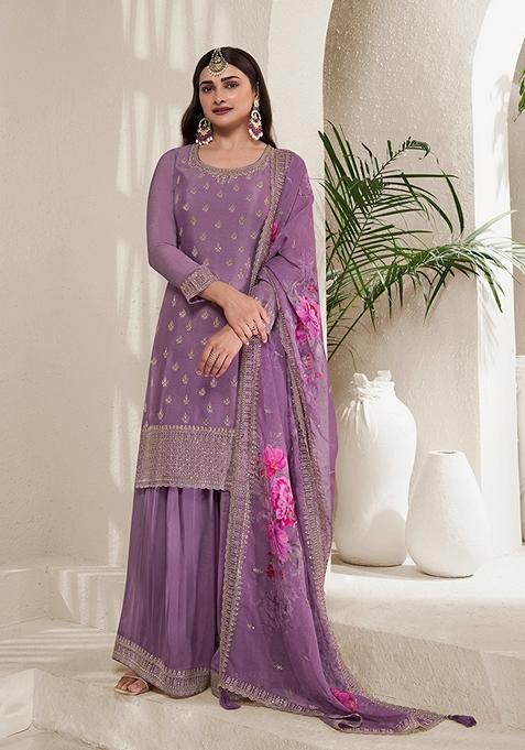 Lavender Embroidered Viscose Chinon Kurta Set