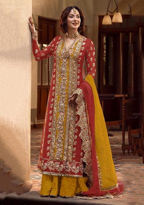 Red Embroidered Organza Kurta Set