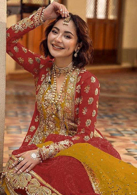 Red Floral Printed Embroidered Flared Organza Kurta with Culottes and Dupatta Set main image 0