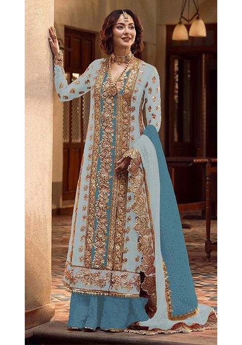 Sky Blue Embroidered Organza Kurta Set