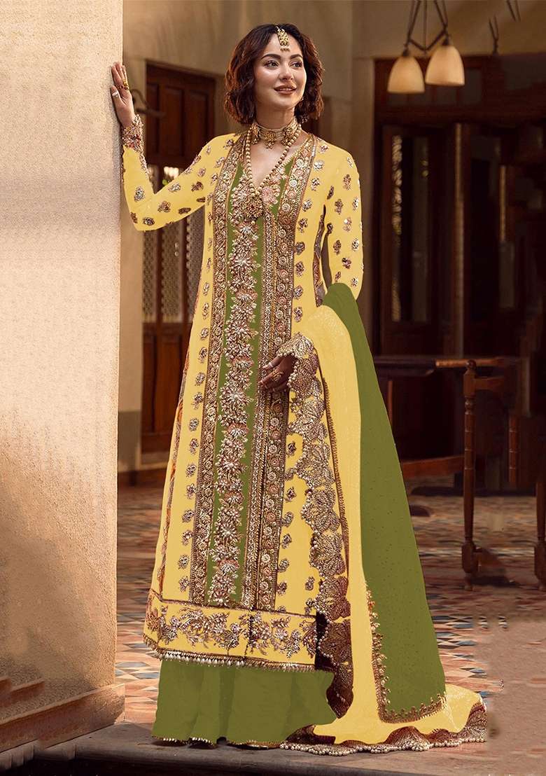 Yellow Embroidered Organza Kurta Set - Indya