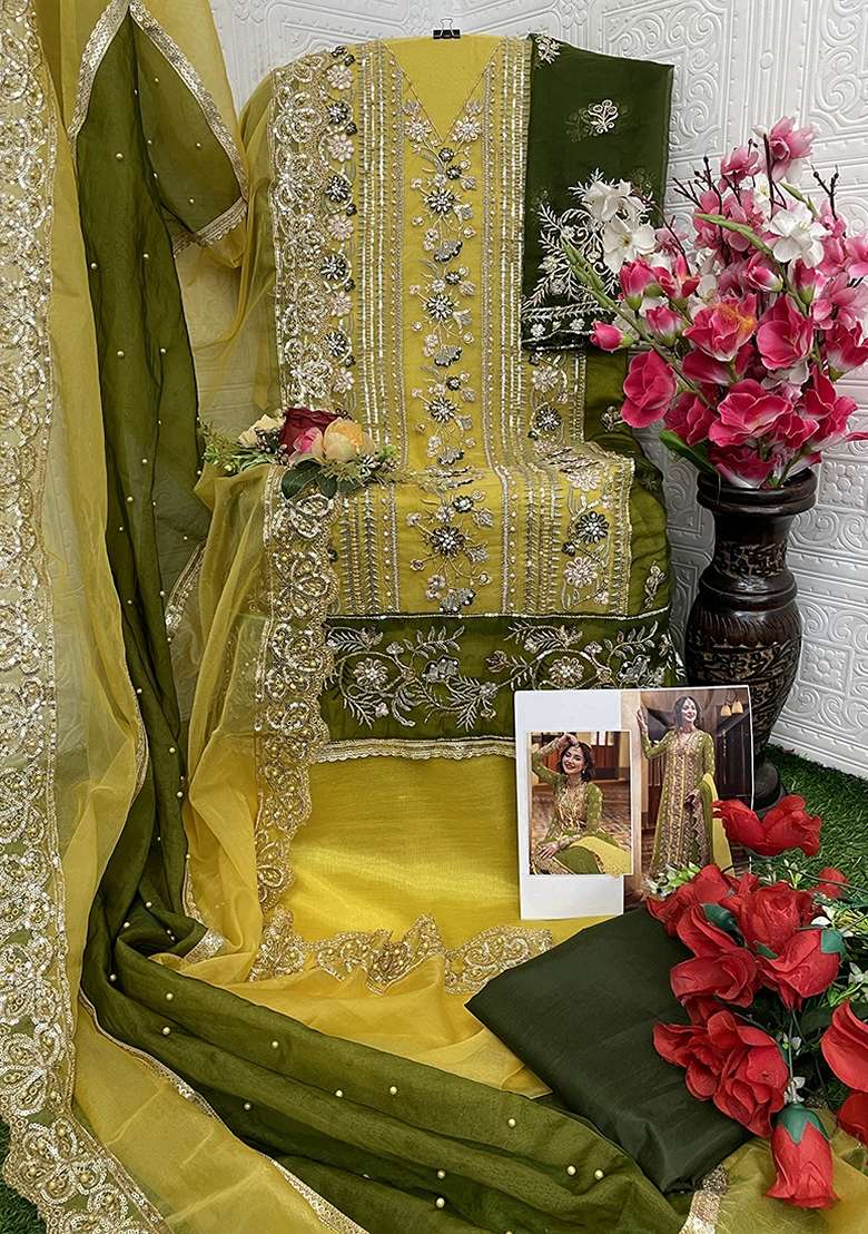 Yellow Embroidered Organza Kurta Set - Indya