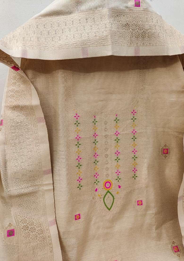 Cream Woven Chanderi Banarasi Silk Kurta Set - Indya