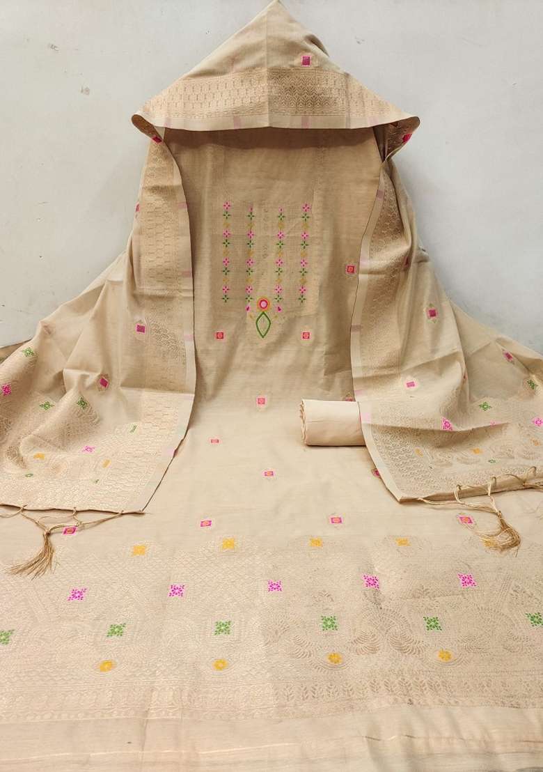 Cream Woven Chanderi Banarasi Silk Kurta Set - Indya