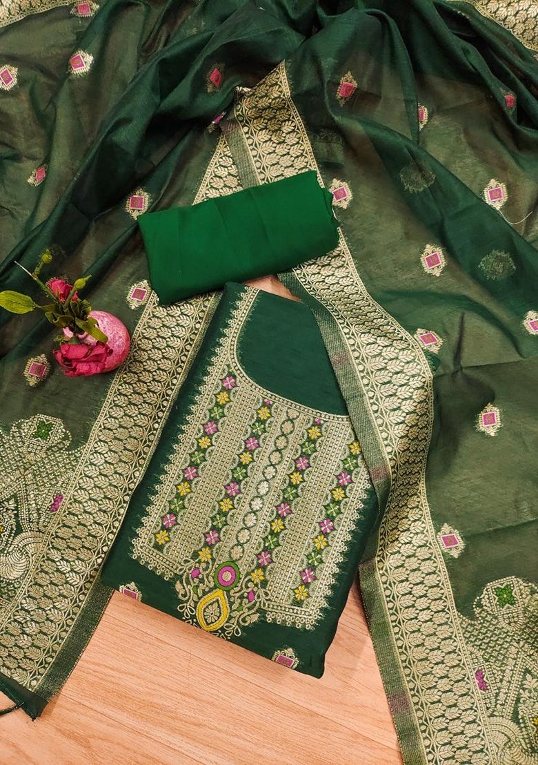 Green Woven Chanderi Banarasi Silk Kurta Set