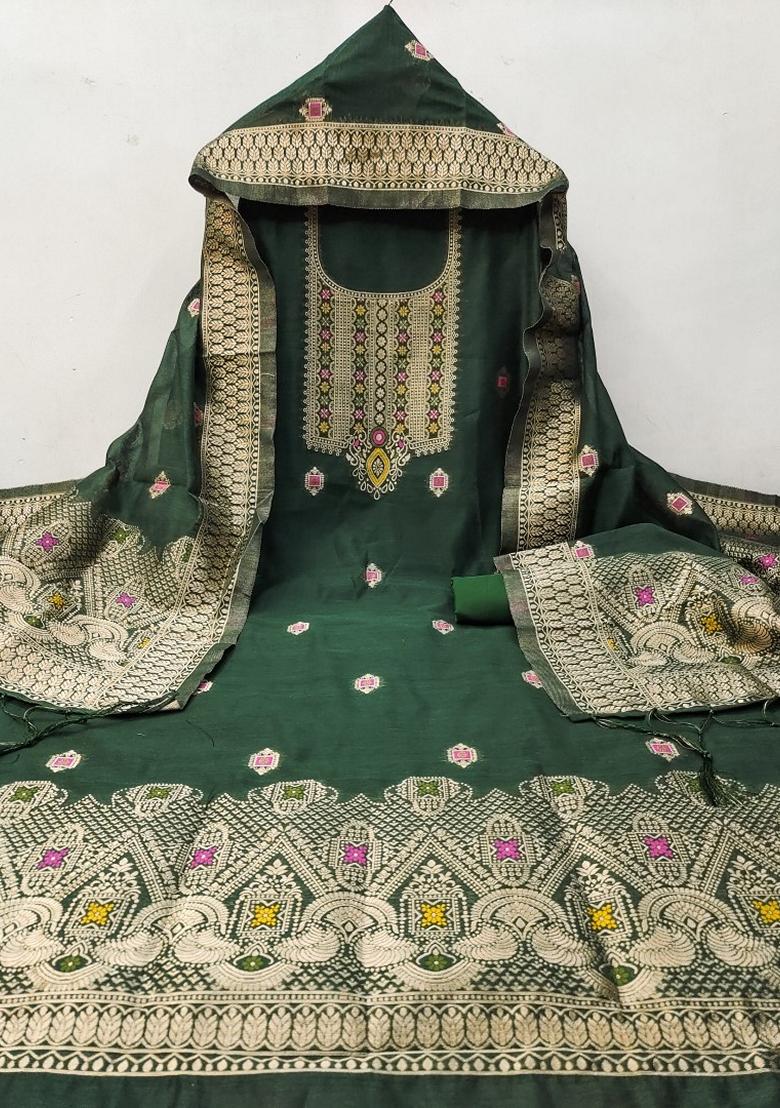 Green Woven Chanderi Banarasi Silk Kurta Set