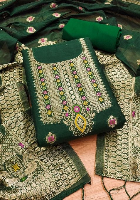 Green Woven Chanderi Banarasi Silk Kurta Set