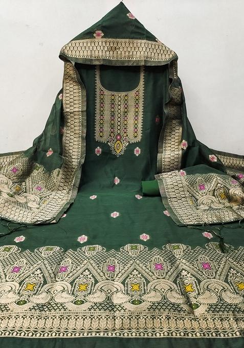 Green Woven Chanderi Banarasi Silk Kurta Set