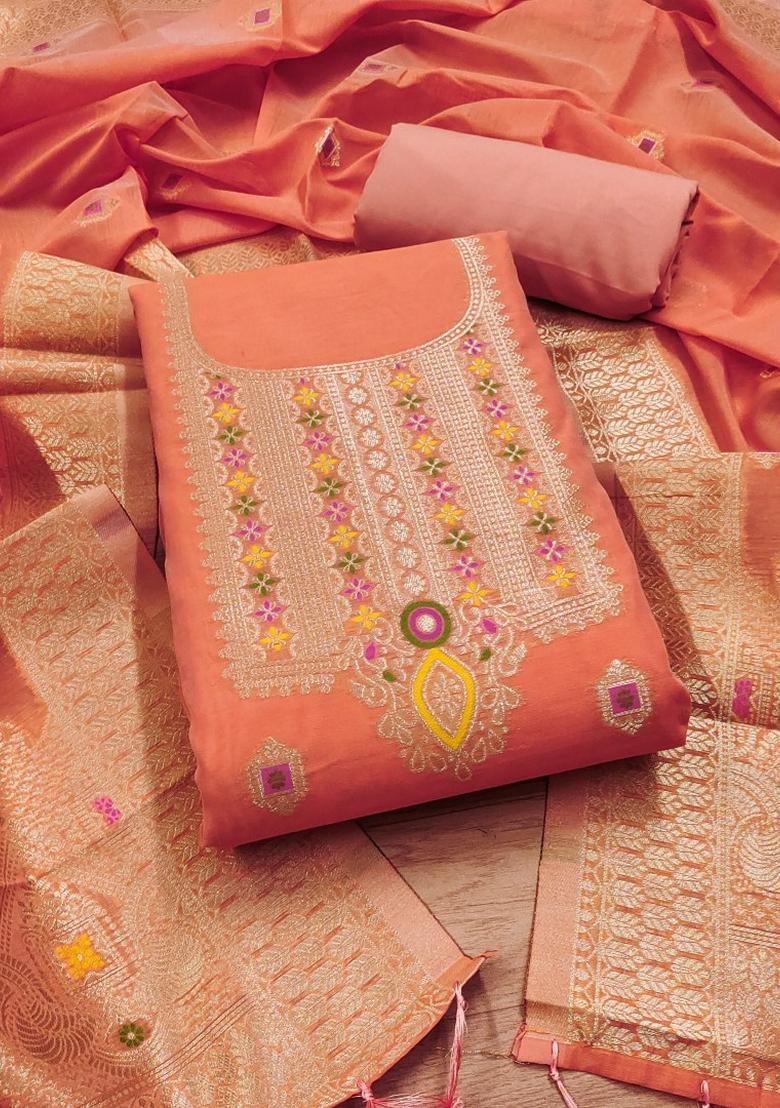 Peach Woven Chanderi Banarasi Silk Kurta Set