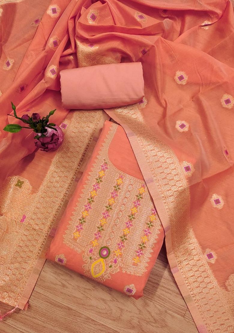 Peach Woven Chanderi Banarasi Silk Kurta Set