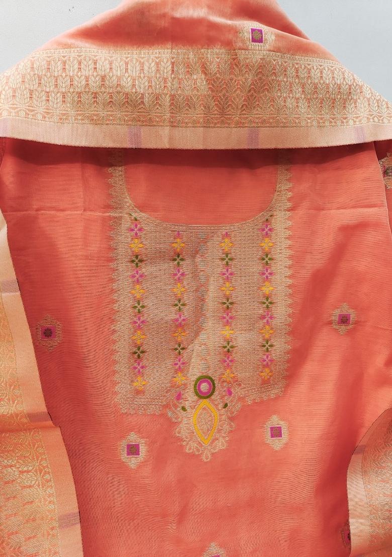 Peach Woven Chanderi Banarasi Silk Kurta Set