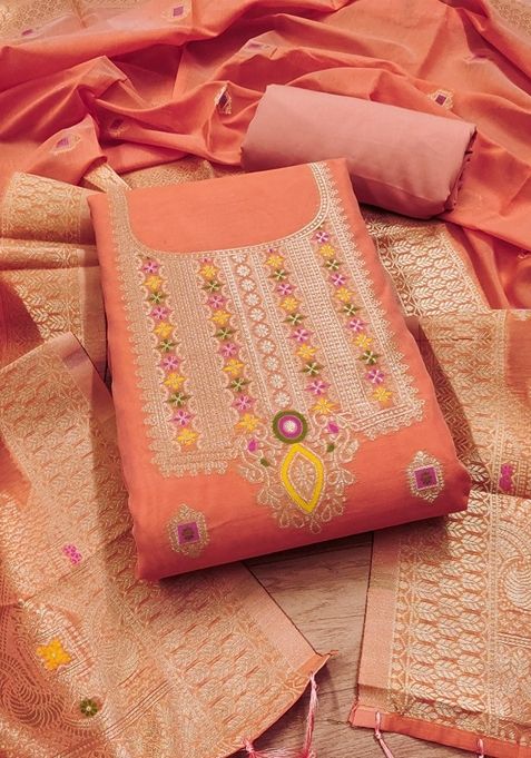 Peach Woven Chanderi Banarasi Silk Kurta Set