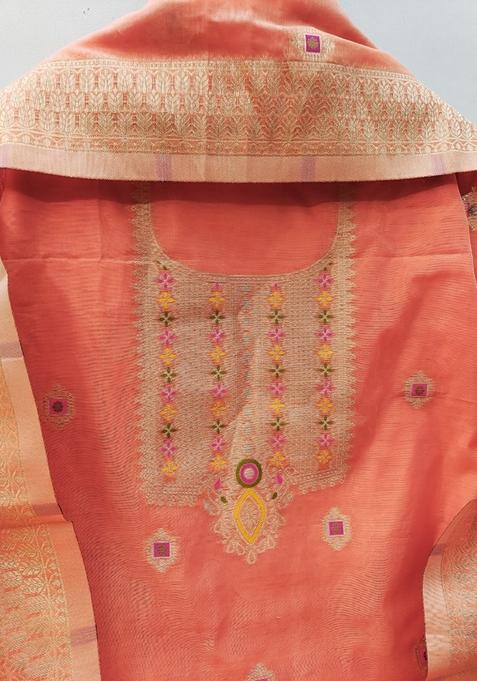 Peach Woven Chanderi Banarasi Silk Kurta Set