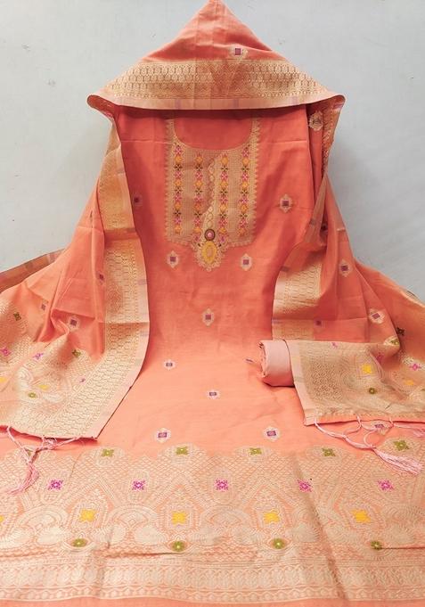 Peach Woven Chanderi Banarasi Silk Kurta Set