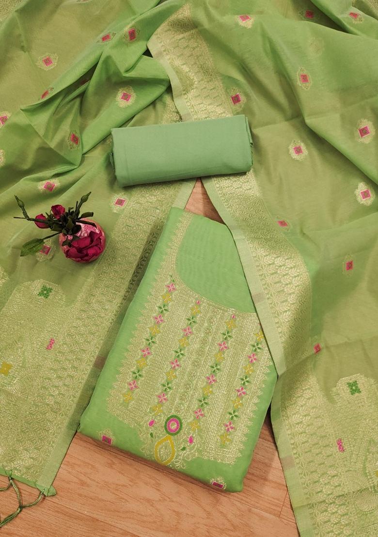 Pista Green Woven Chanderi Banarasi Silk Kurta Set