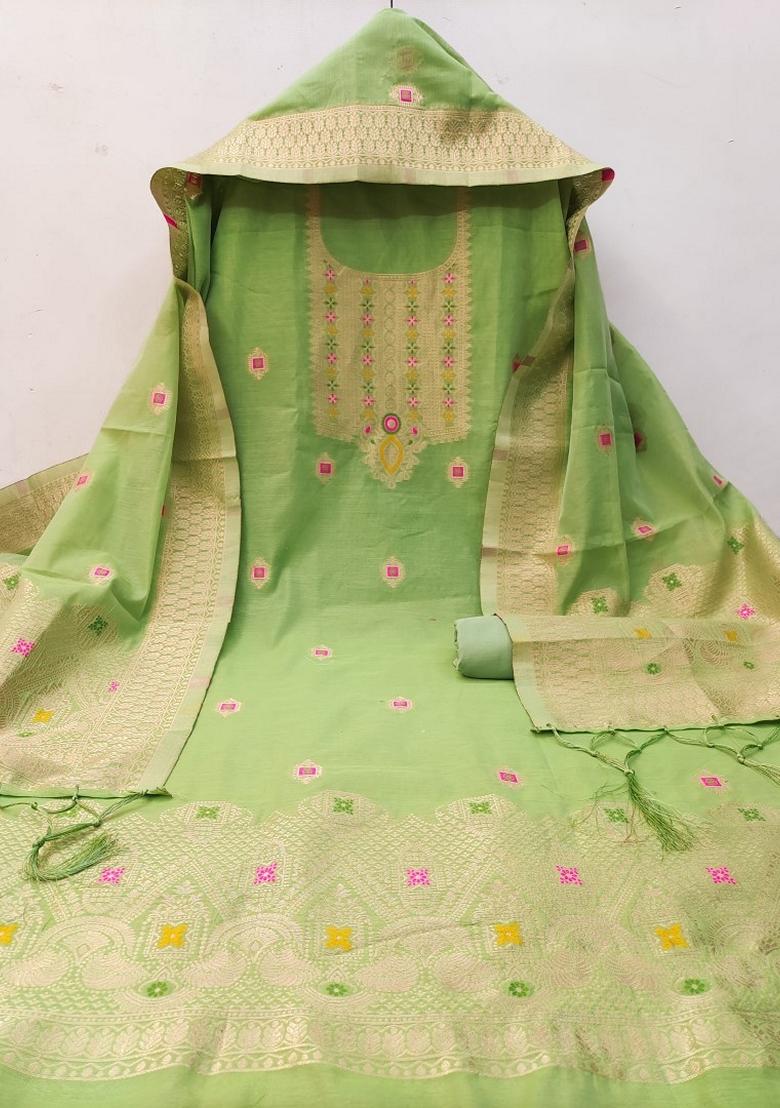 Pista Green Woven Chanderi Banarasi Silk Kurta Set