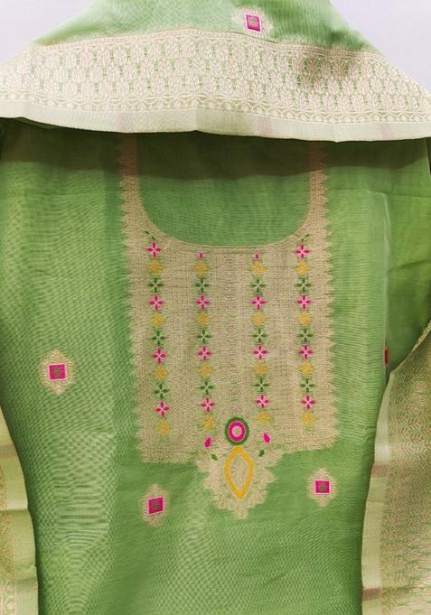 Pista Green Woven Chanderi Banarasi Silk Kurta Set