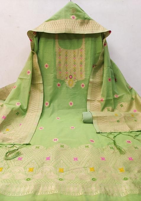 Pista Green Woven Chanderi Banarasi Silk Kurta Set