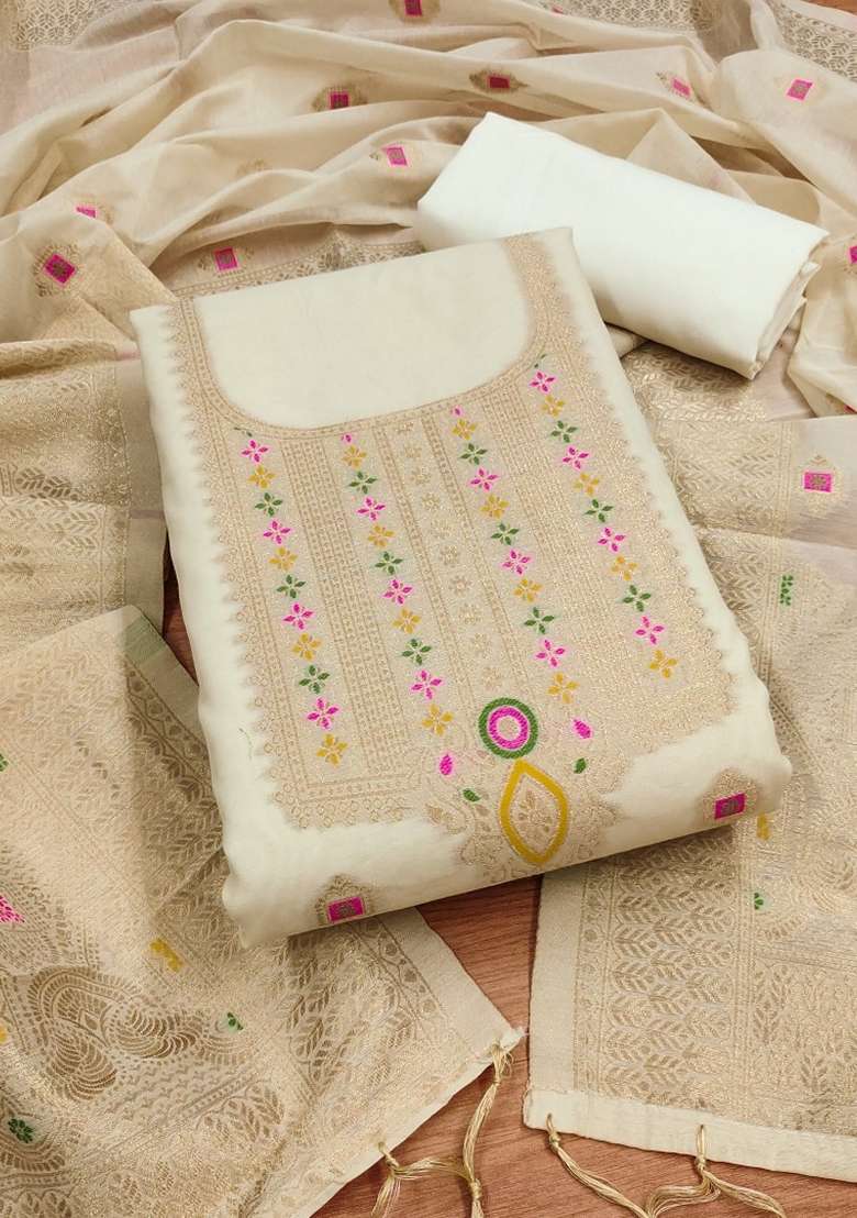 White Woven Chanderi Banarasi Silk Kurta Set - Indya