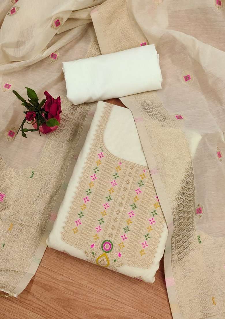 White Woven Chanderi Banarasi Silk Kurta Set - Indya