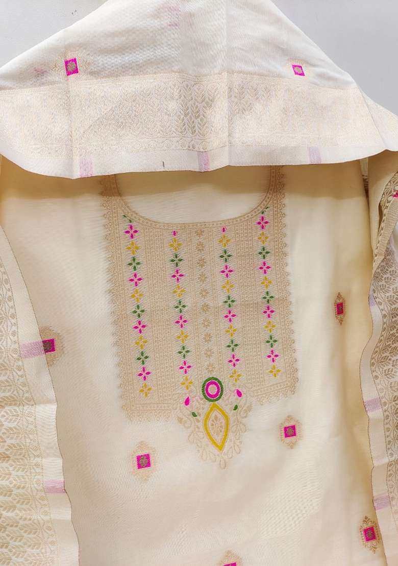 White Woven Chanderi Banarasi Silk Kurta Set - Indya