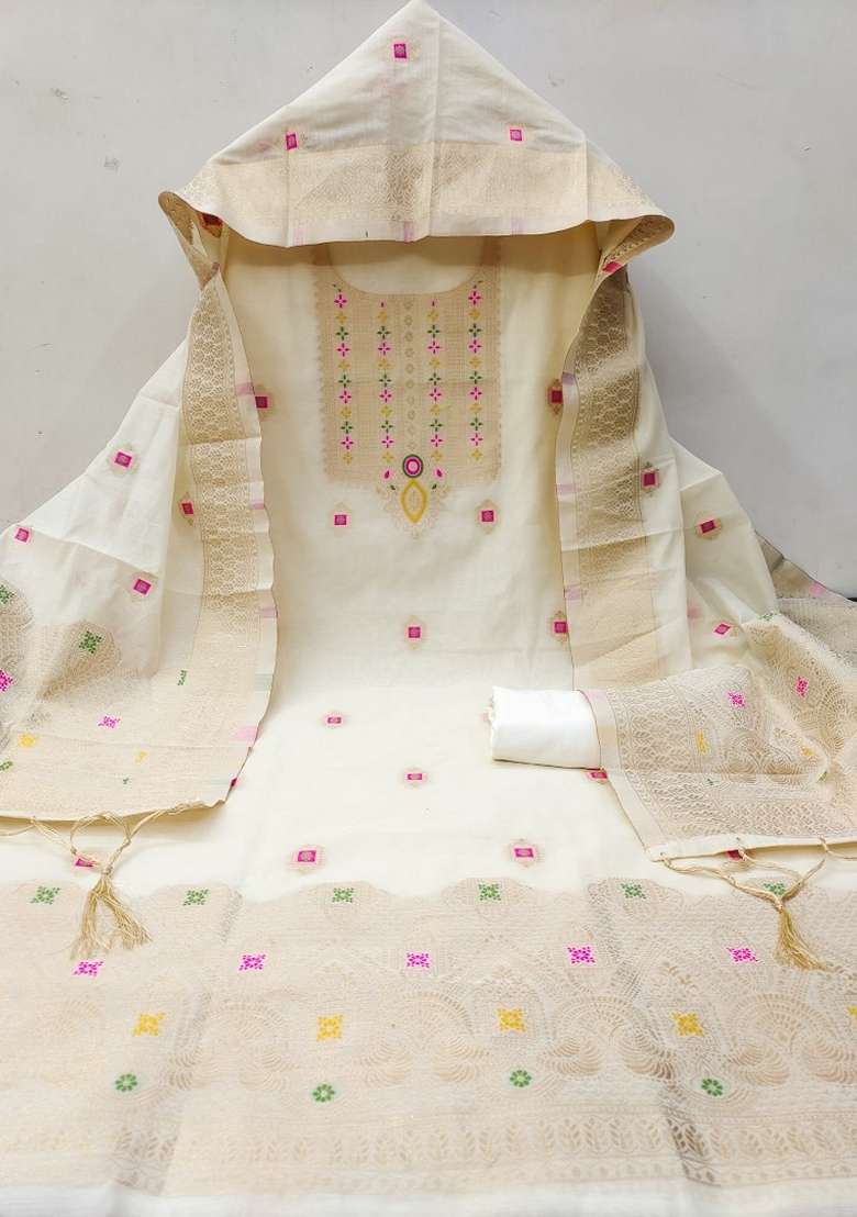 White Woven Chanderi Banarasi Silk Kurta Set - Indya