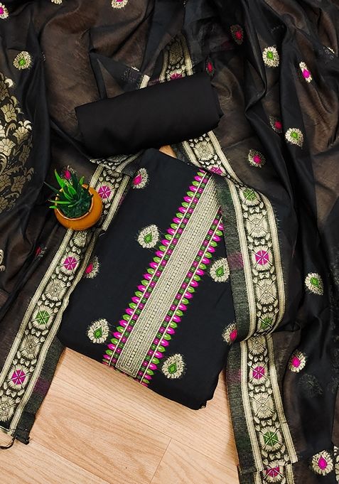 Black Woven Chanderi Banarasi Silk Kurta Set