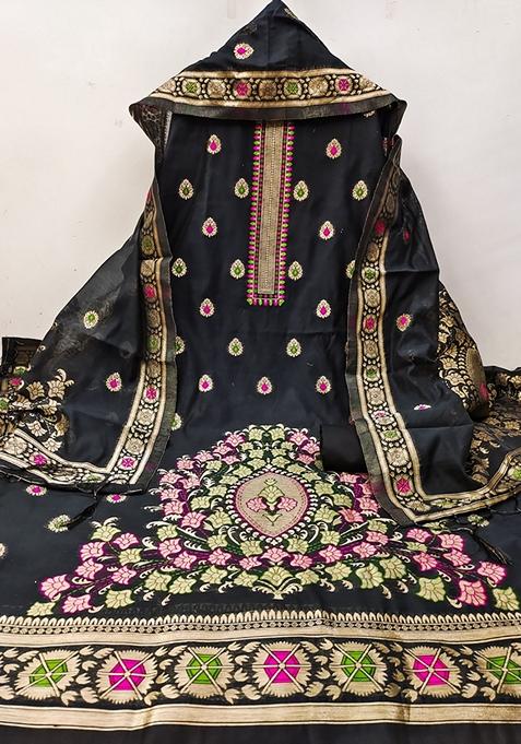 Black Woven Chanderi Banarasi Silk Kurta Set