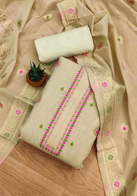 Cream Woven Chanderi Banarasi Silk Kurta Set