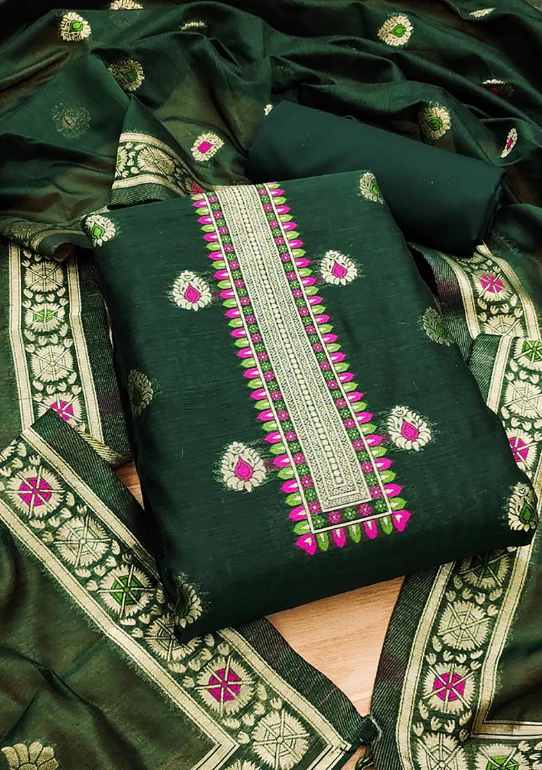 Green Woven Chanderi Banarasi Silk Kurta Set