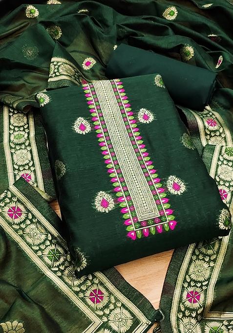 Green Woven Chanderi Banarasi Silk Kurta Set