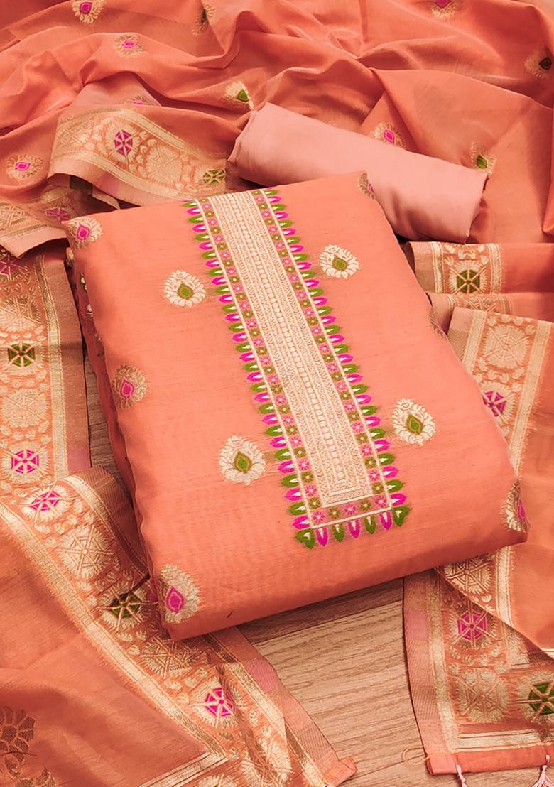 Peach Woven Chanderi Banarasi Silk Kurta Set