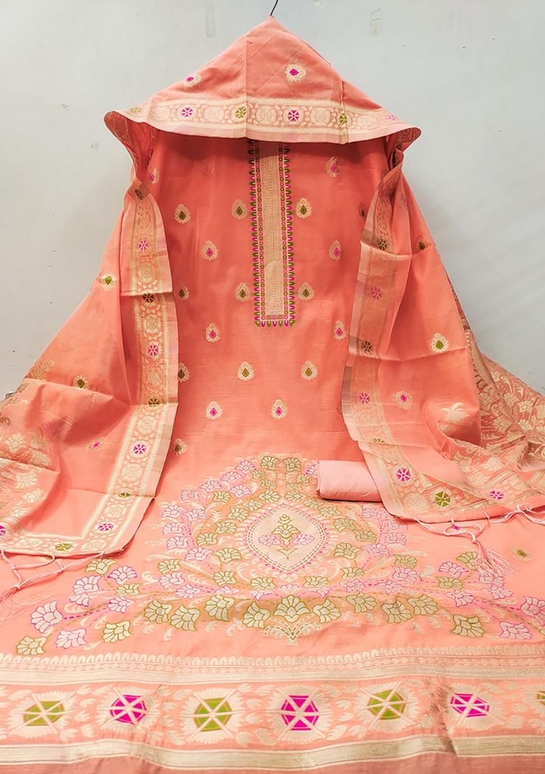 Peach Woven Chanderi Banarasi Silk Kurta Set