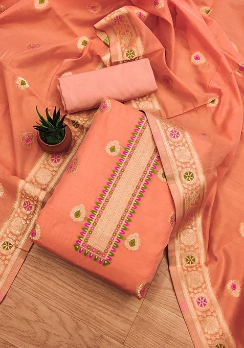 Peach Woven Chanderi Banarasi Silk Kurta Set