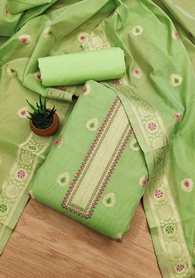 Pista Green Woven Chanderi Banarasi Silk Kurta Set