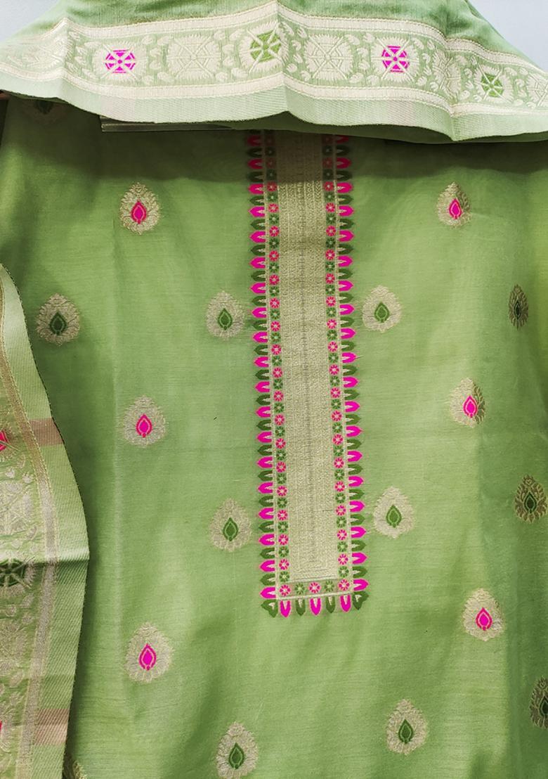 Pista Green Woven Chanderi Banarasi Silk Kurta Set
