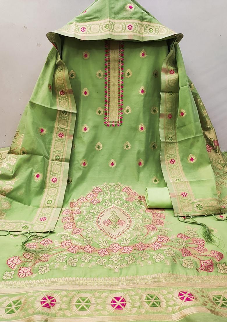 Pista Green Woven Chanderi Banarasi Silk Kurta Set
